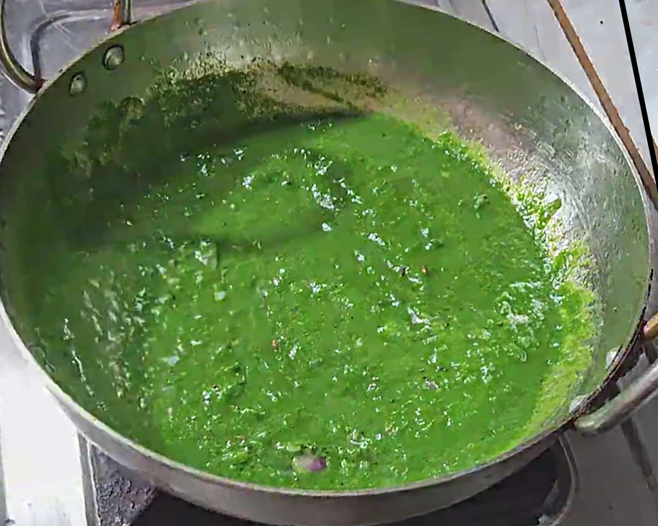 Cooking Spinach Gravy for Palak Paneer