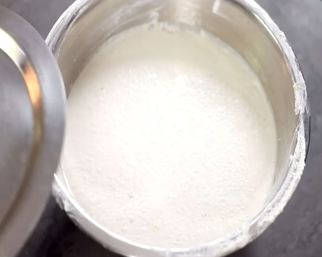 Dosa batter covered and set aside in a bowl for fermentation, showing slight rise and airy texture after resting overnight.