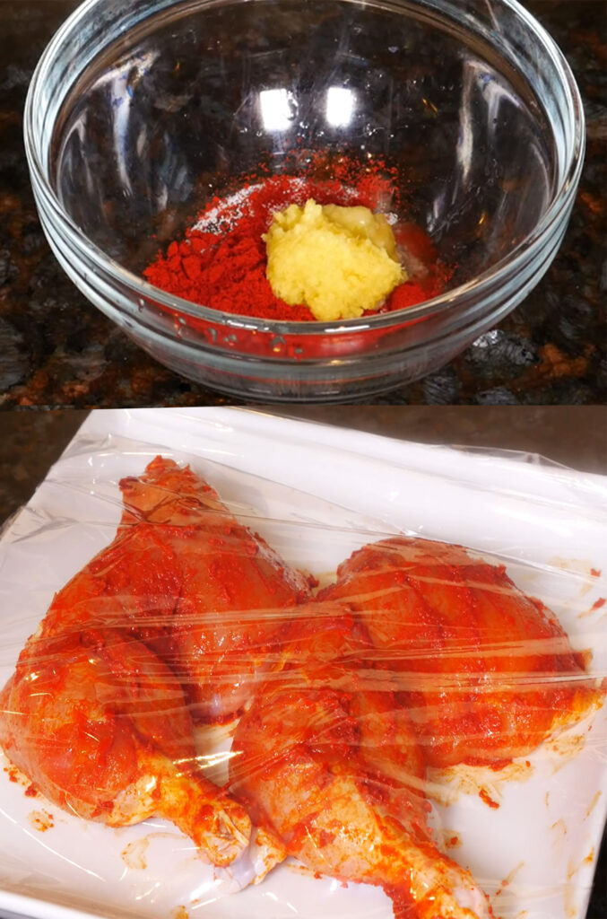Chicken marination first step of mixing salt, red chili powder, garlic, ginger, and lemon juice for first chicken marinade 