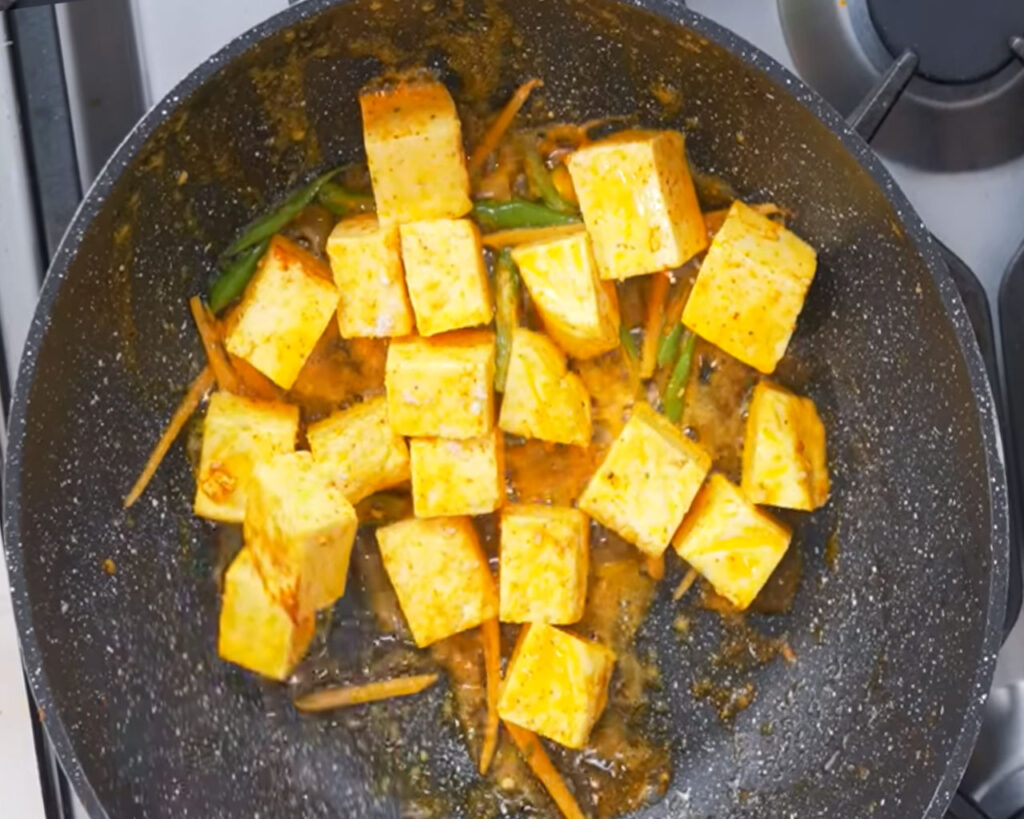 Seasoned paneer cubes for paneer bButter masala recipe