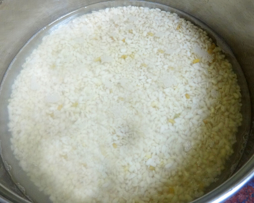 Soaked urad dal in a bowl filled with water, prepared for making dosa batter.
