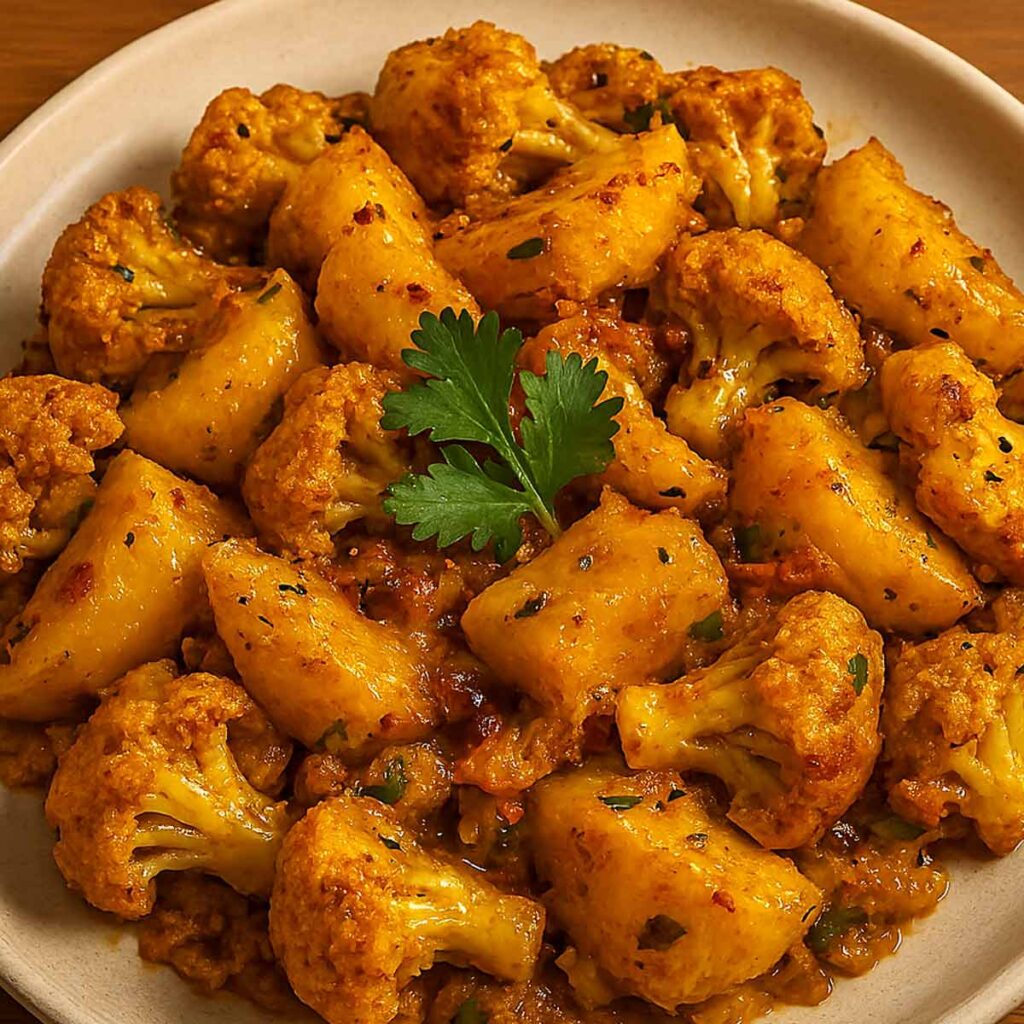 Delicious homemade Aloo Gobi sabzi on a plate, spiced potato and cauliflower curry with turmeric, cumin, and garam masala.