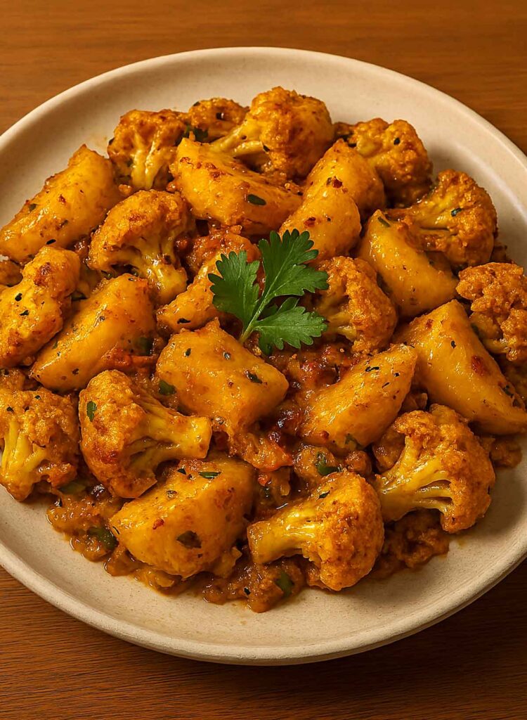North Indian Aloo Gobi curry served hot on a plate, healthy Indian vegetarian potato cauliflower dish with fresh herbs.