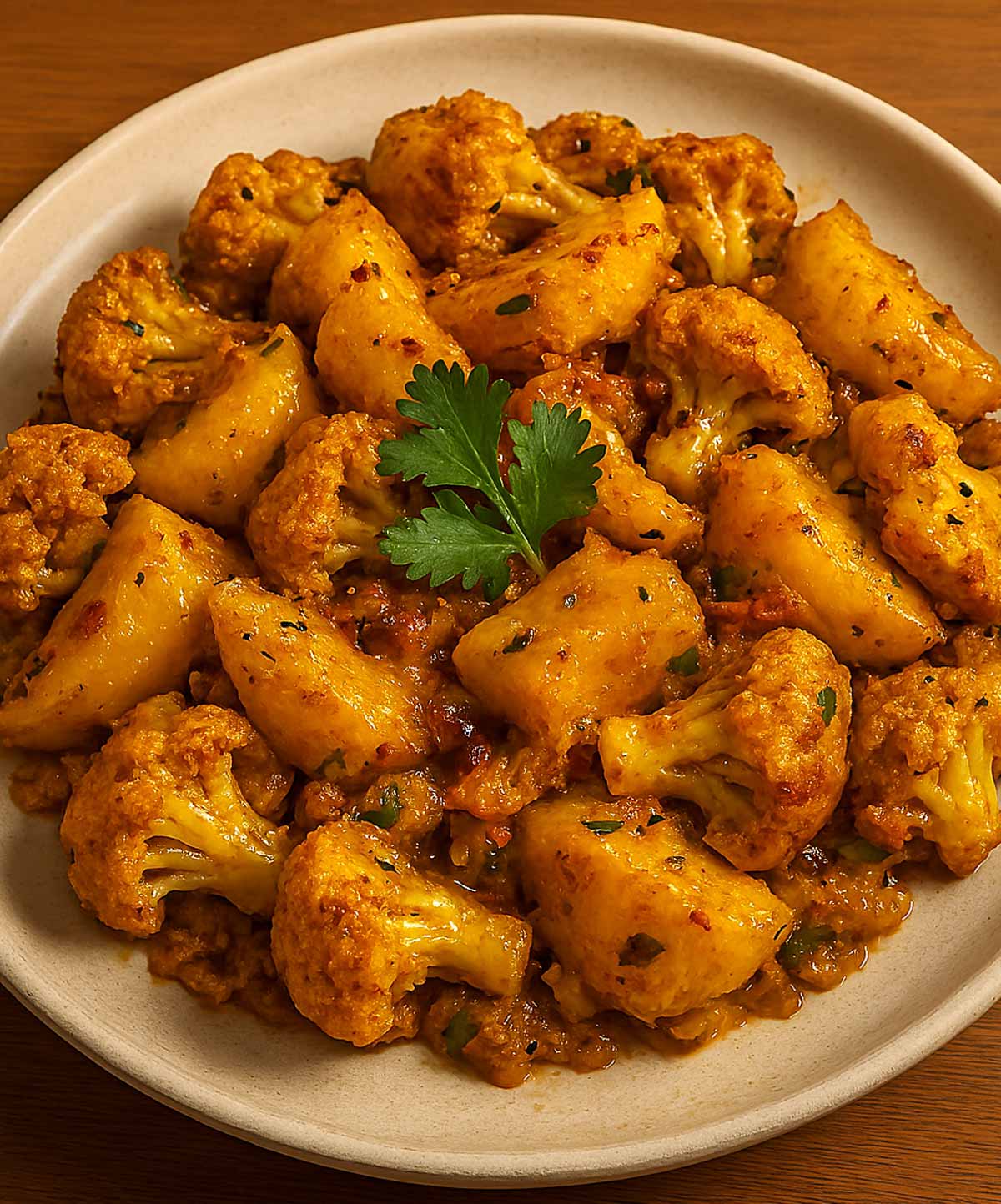 Aloo Gobi served on a white plate, dry aloo gobi curry of potatoes and cauliflower garnished with coriander leaves