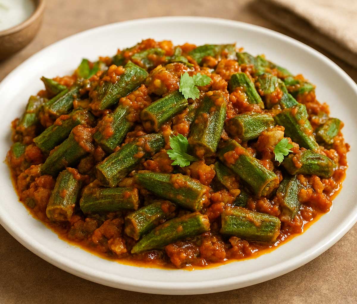 Bhindi Masala served on a white plate, garnished with fresh coriander, spicy Indian okra curry ready to eat with roti or rice.