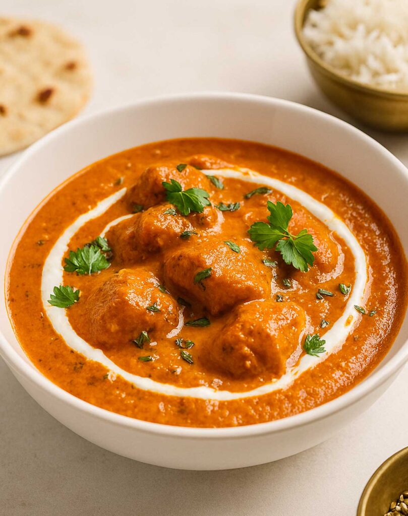 Creamy Indian chicken curry with butter and cream swirl, a popular North Indian dish enjoyed worldwide.