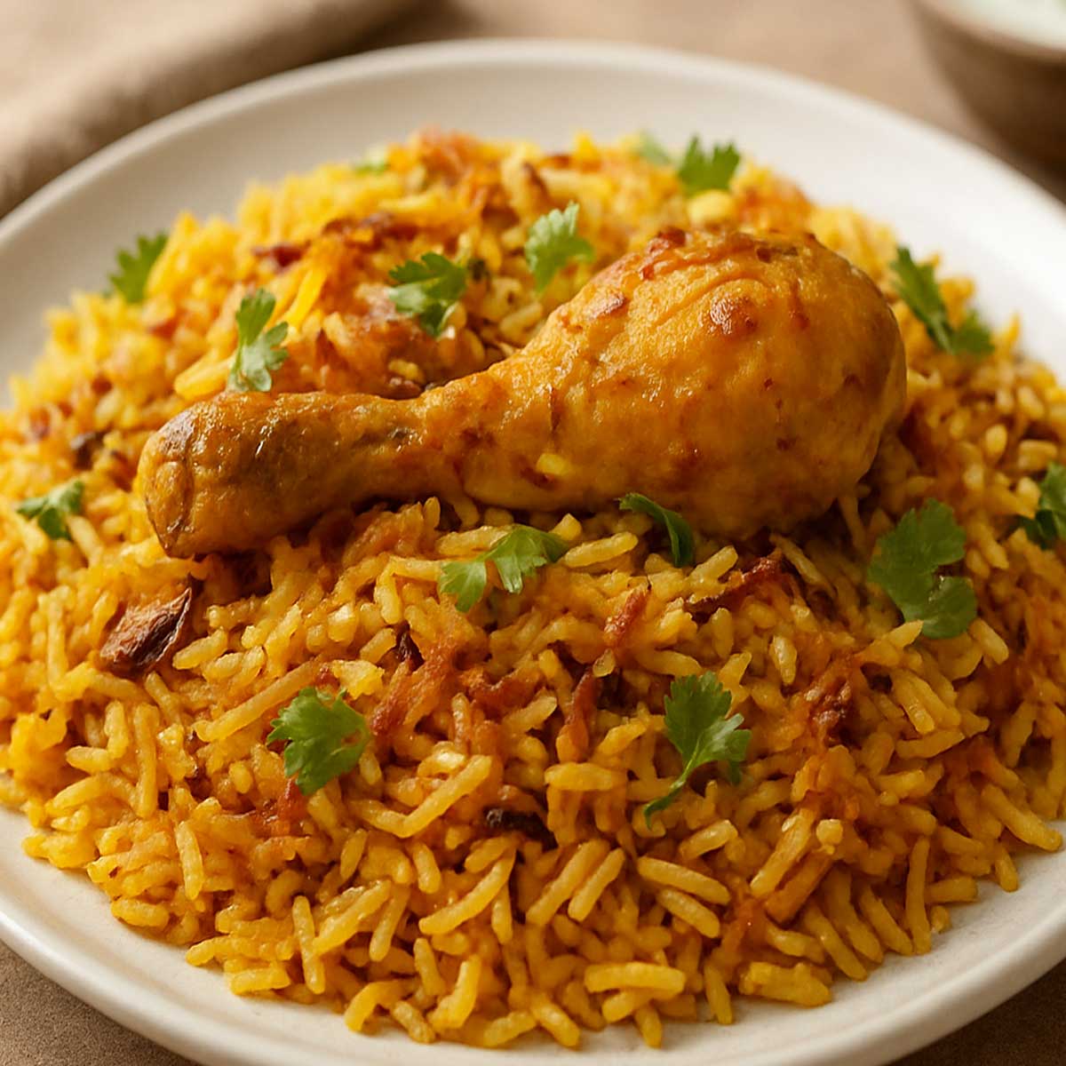 Close up of chicken biryani cooked with tender chicken, long-grain rice, and rich Indian spices.