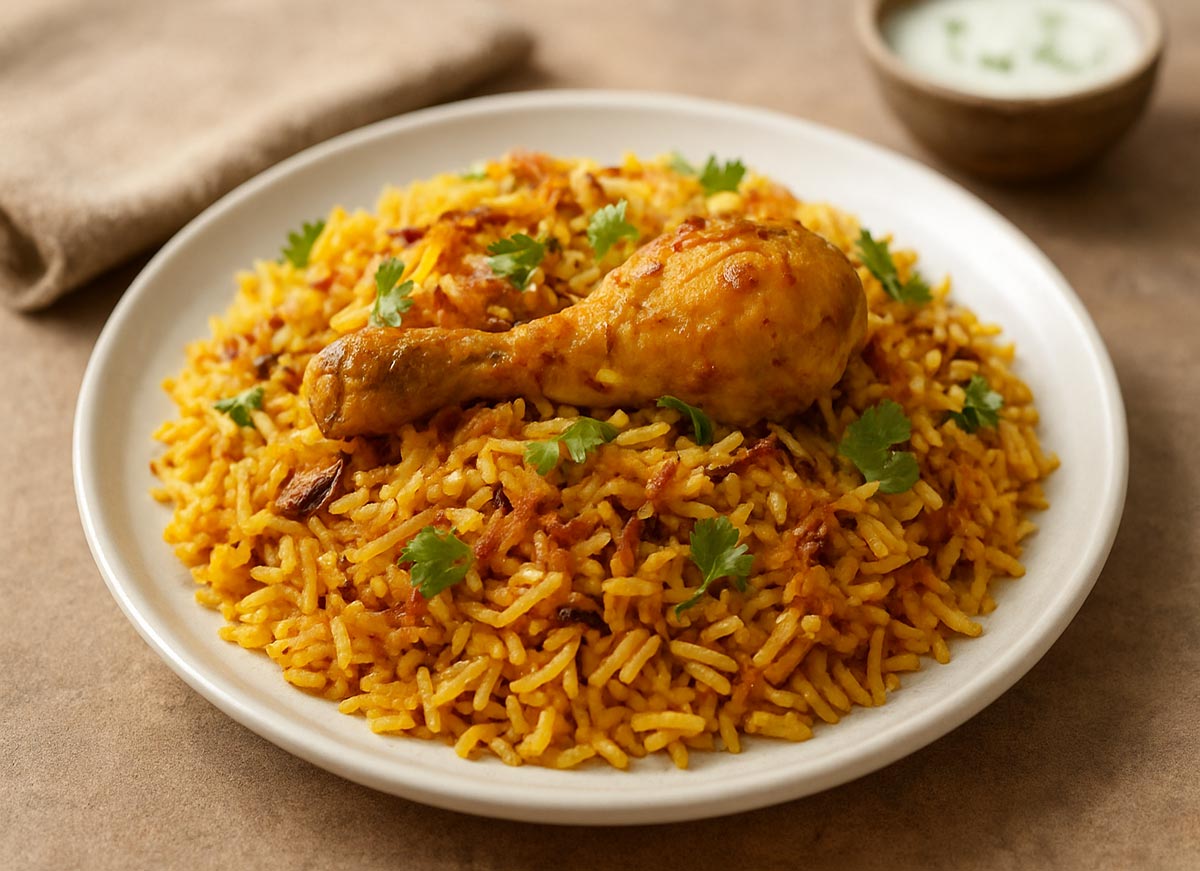 Restaurant style chicken biryani cooked with tender chicken, long-grain rice, and rich Indian spices served on a plate.