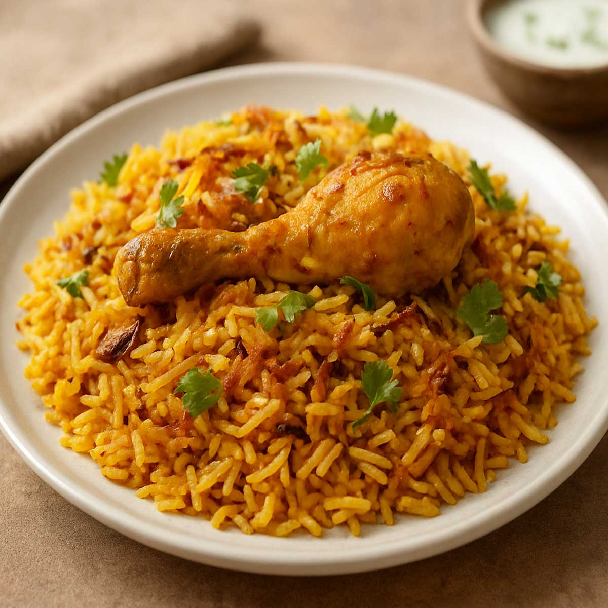 Authentic Indian chicken biryani served with saffron rice, fried onions, and aromatic spices on a white plate.