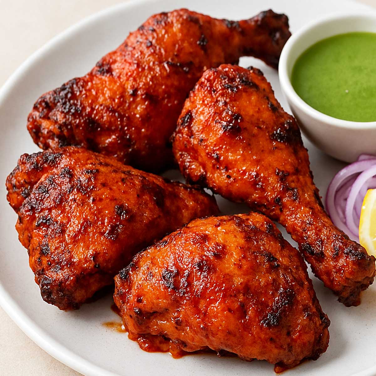 Close-up of succulent tandoori chicken showing smoky charred edges, tender interior, garnished with coriander and sliced onions.