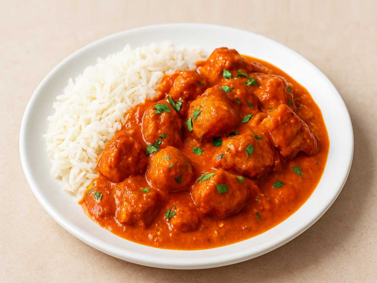 Chicken Tikka Masala served in a white plate with creamy tomato gravy and basmati rice and garnished with fresh coriander leaves.