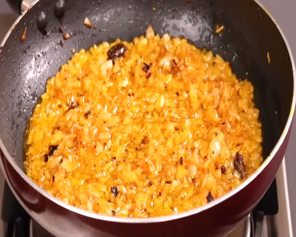 Chopped onions in the pan golden brown and soft