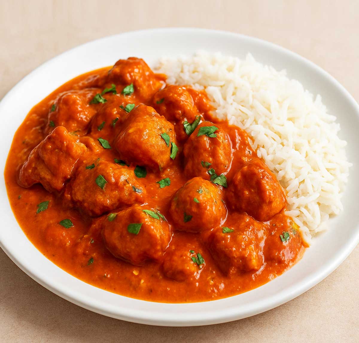 Restaurant-style Chicken Tikka Masala with tender marinated chicken in a thick, creamy tomato gravy, garnished with fresh herbs coriander and served on a white plate.