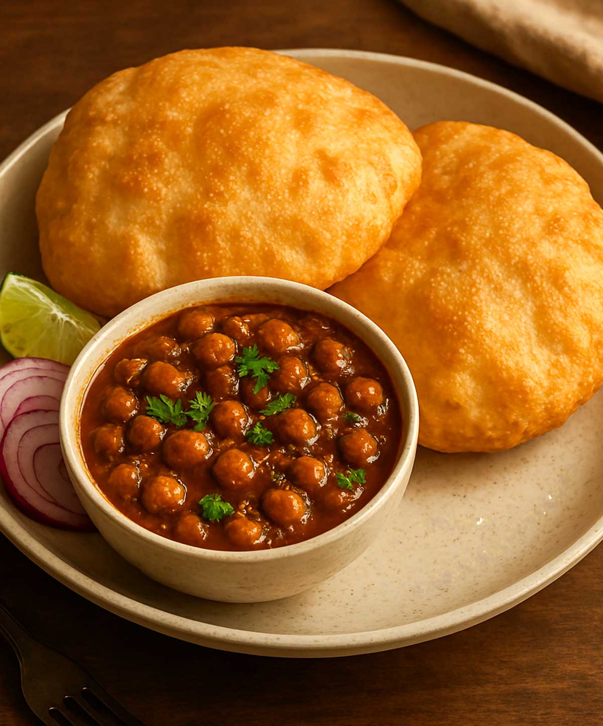 Chole Bhature served on a plate with a small bowl of chickpea curry, sliced onions, and lemon wedges.