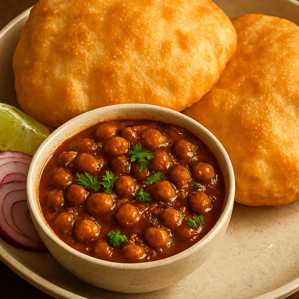 Chole Bhature served on a plate with a small bowl of chickpea curry, sliced onions, and lemon wedges.