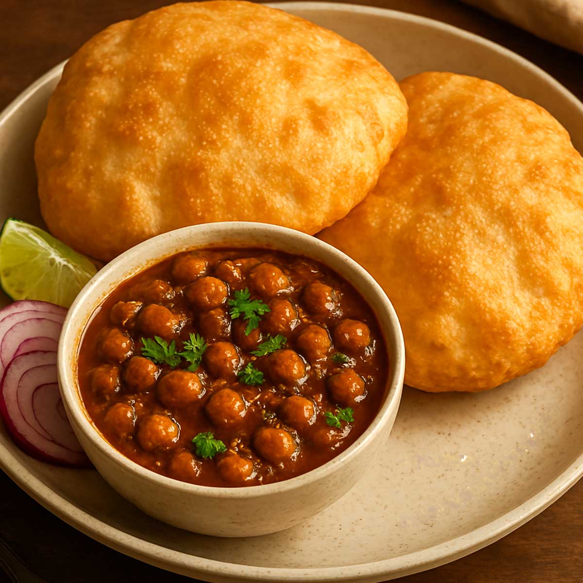 Authentic North Indian Chole Bhature with fluffy fried bread, spicy chole in a katori, fresh onion rings, and lemon on the side.