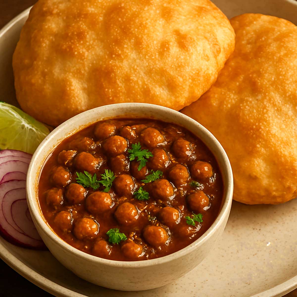 Indian street food Chole Bhature with soft bhature, spicy chole in a small bowl, and sides of onion rings and lemon.