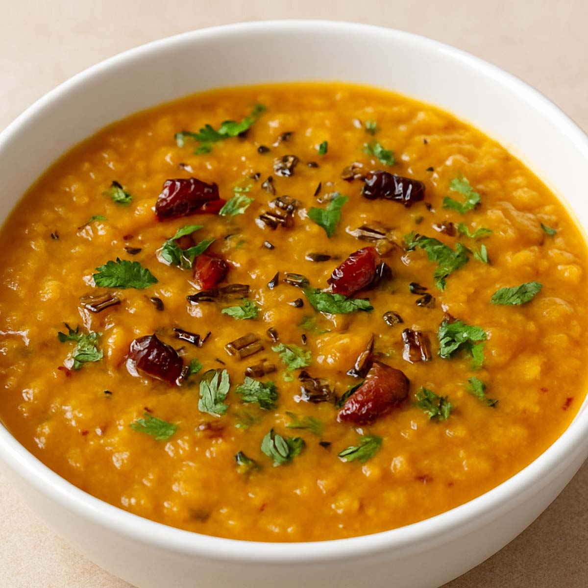 Close-up of creamy yellow Dal Fry with a tempering of mustard seeds, curry leaves, and red chili oil floating on top.