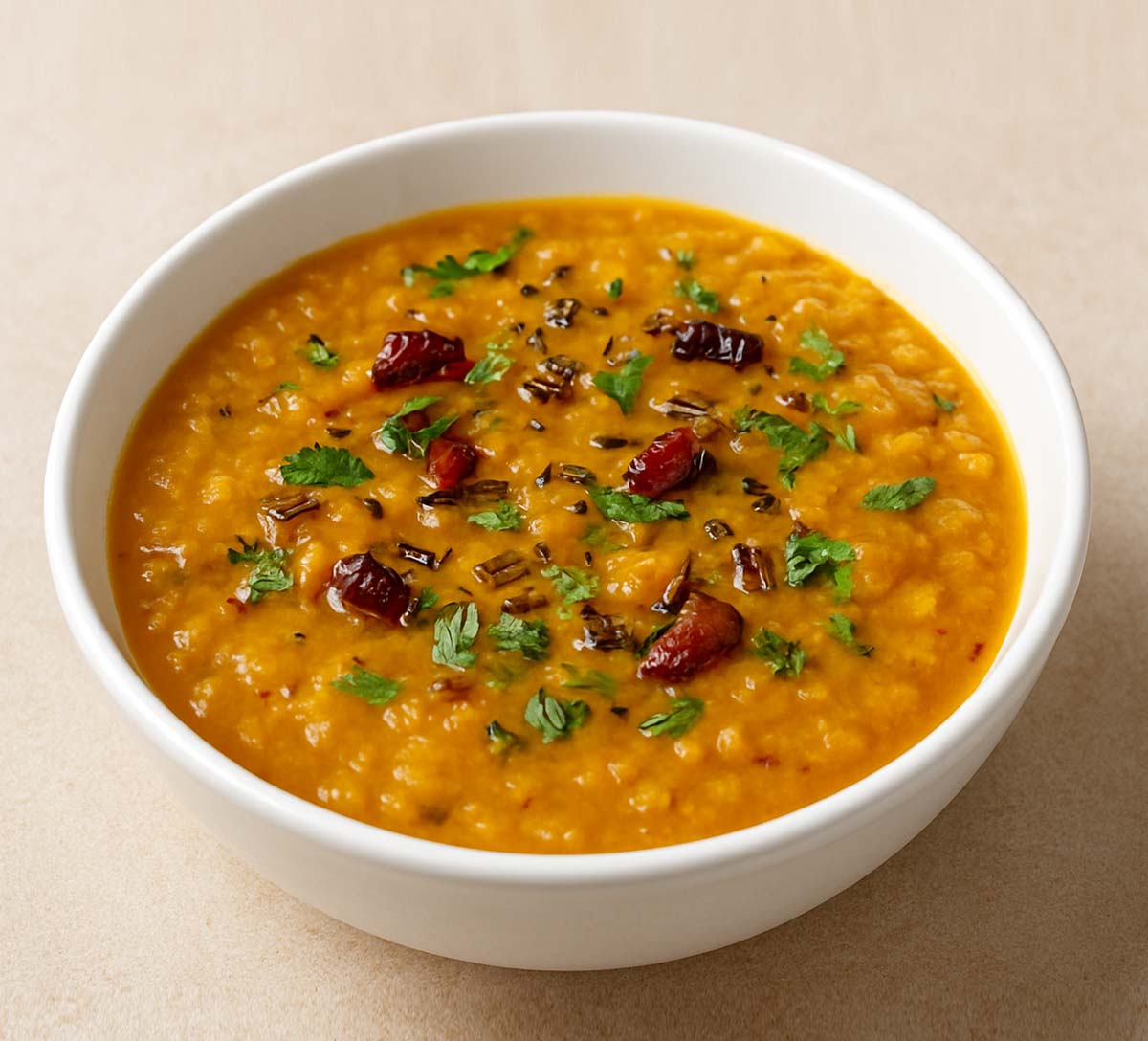 Freshly cooked authentic Dal Fry with yellow lentils and a sizzling tadka of red chili, garlic, and coriander garnish.