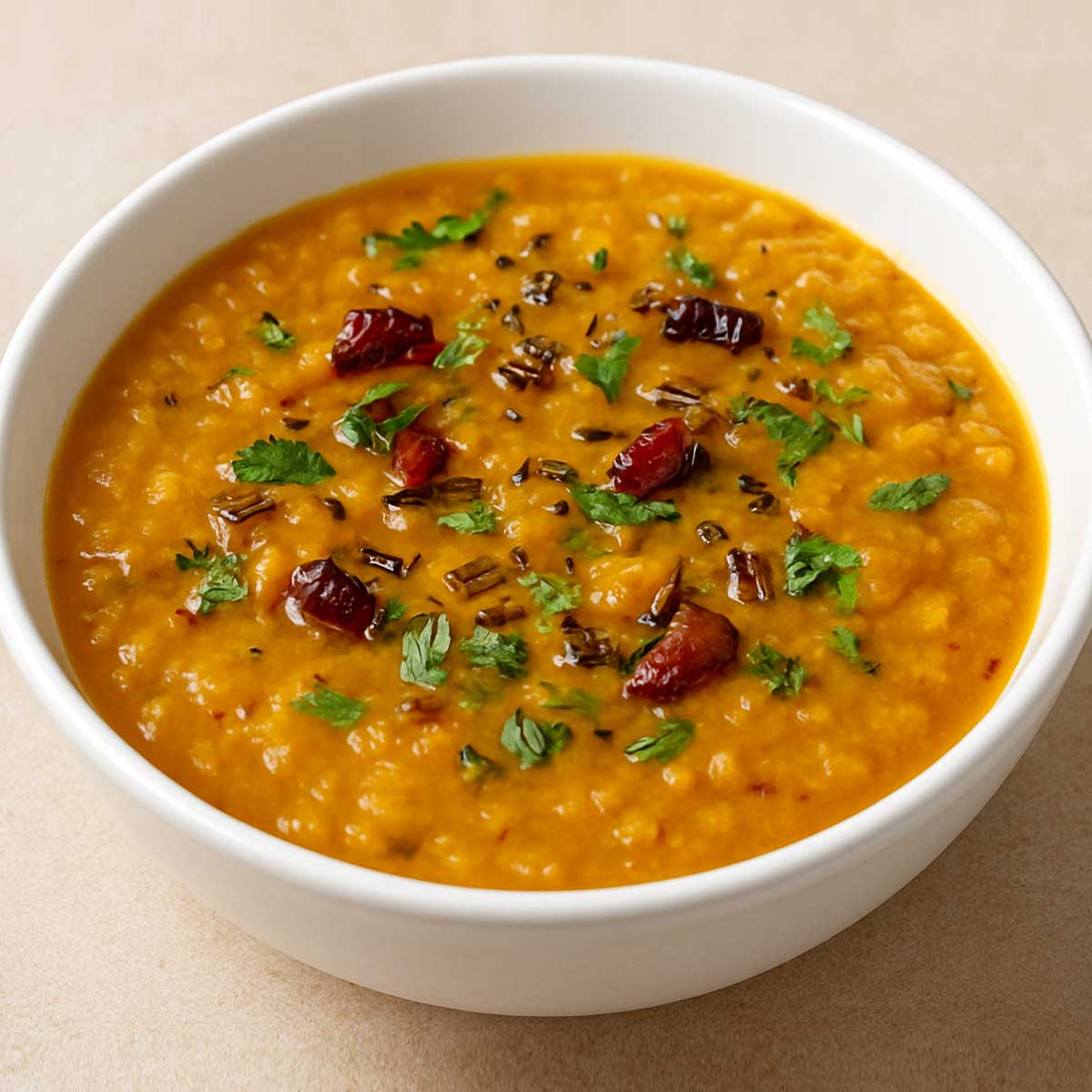 Restaurant-style Dal Fry with a spicy tadka poured on top, giving a glossy layer of red chili and cumin seasoning.