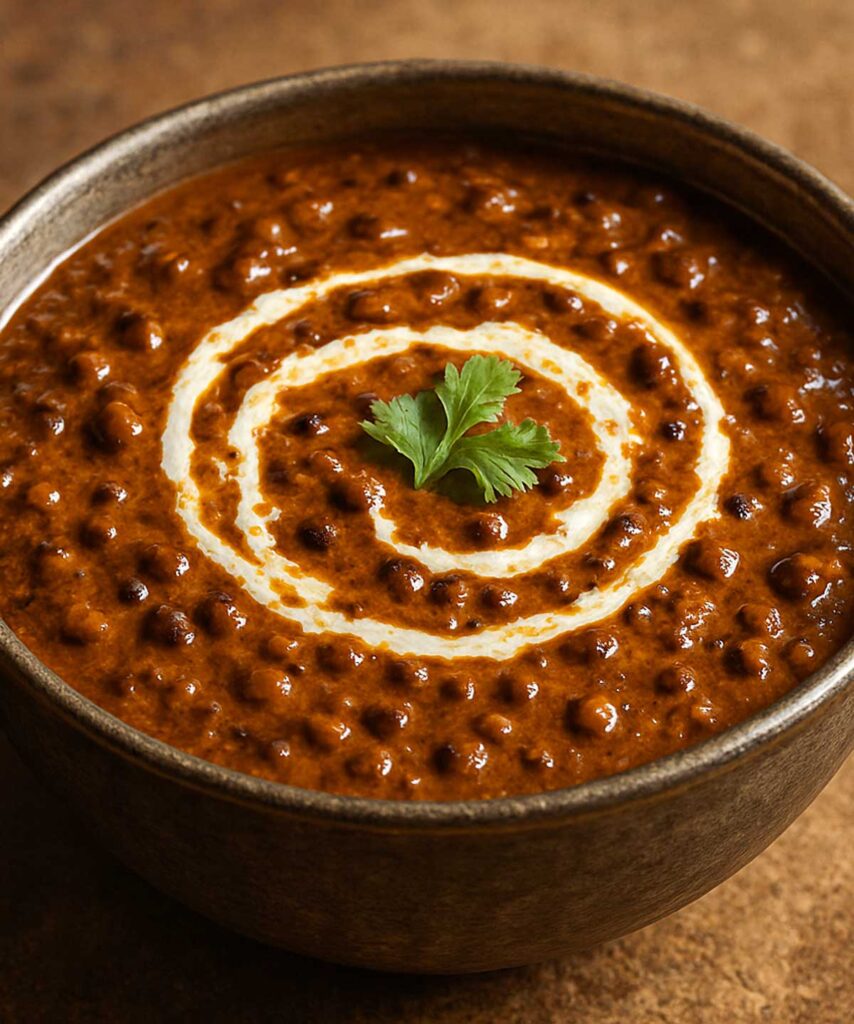 Creamy dal makhani made with whole black lentils and kidney beans, rich North Indian curry.