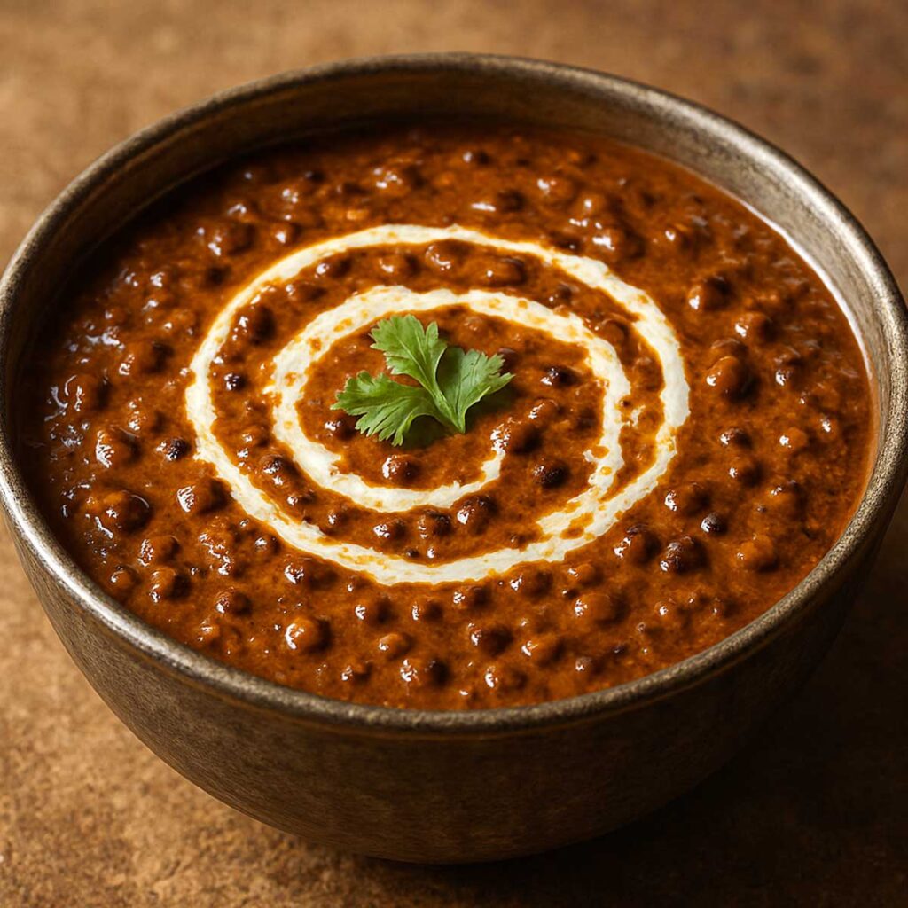 Punjabi dal makhani served in a bowl with cream and butter, traditional Indian lentil curry.
