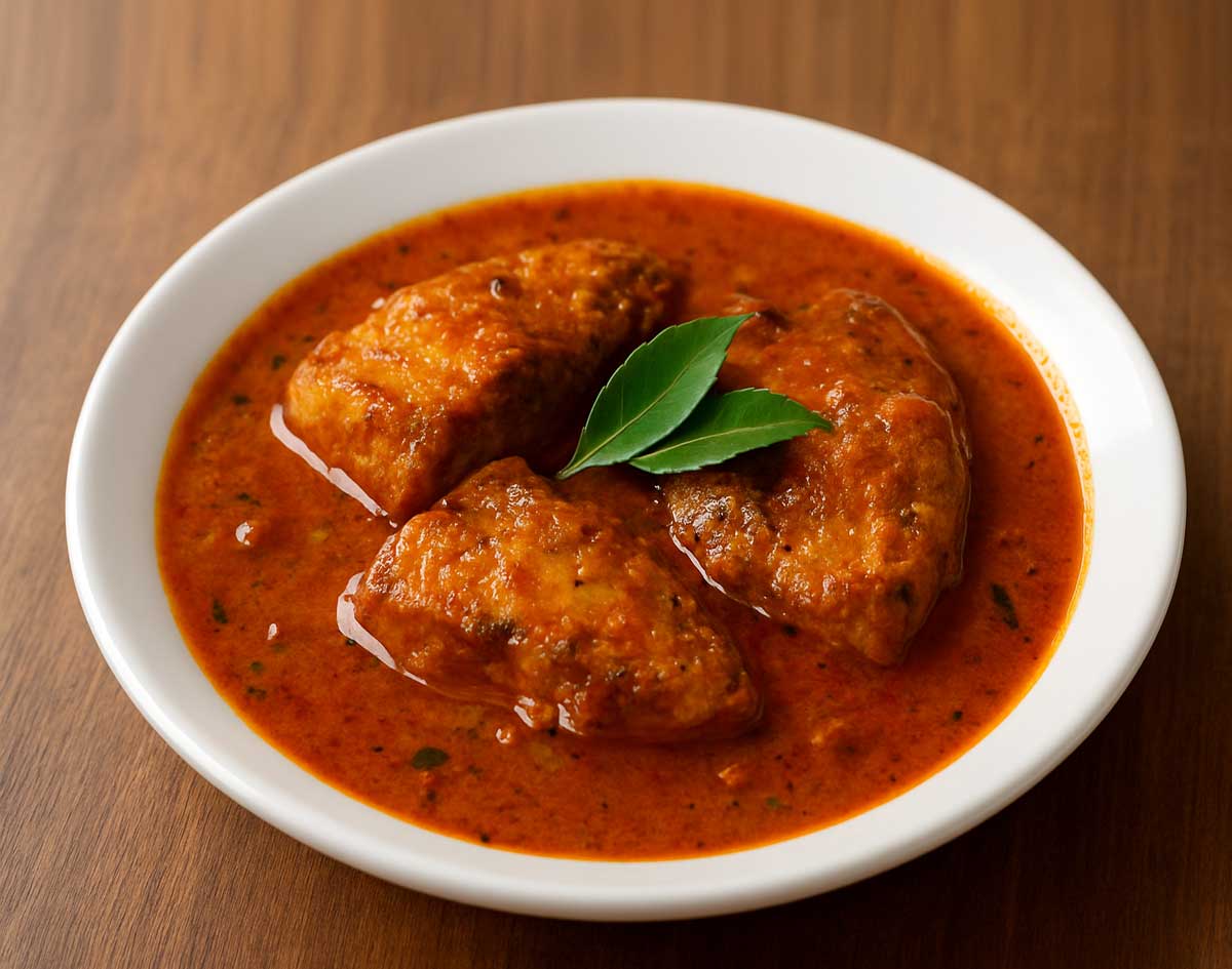 Plate of authentic Goan fish curry with kingfish pieces in spicy coconut gravy, garnished with fresh coriander leaves.