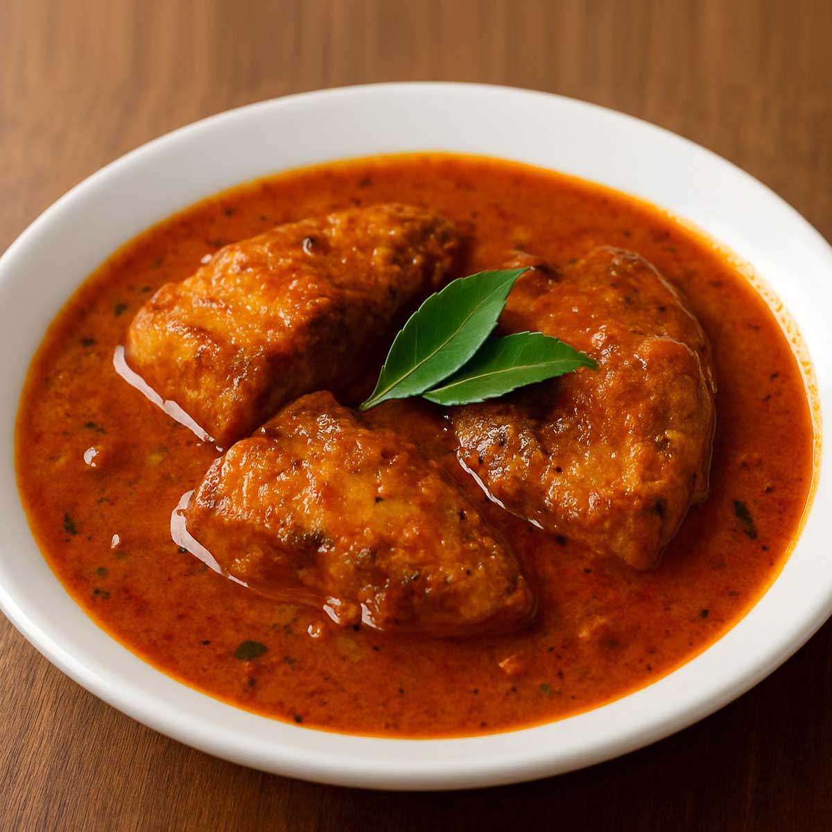 Goan fish curry on a white plate, showing fish chunks in red coconut curry garnished with green chilies and curry leaves.