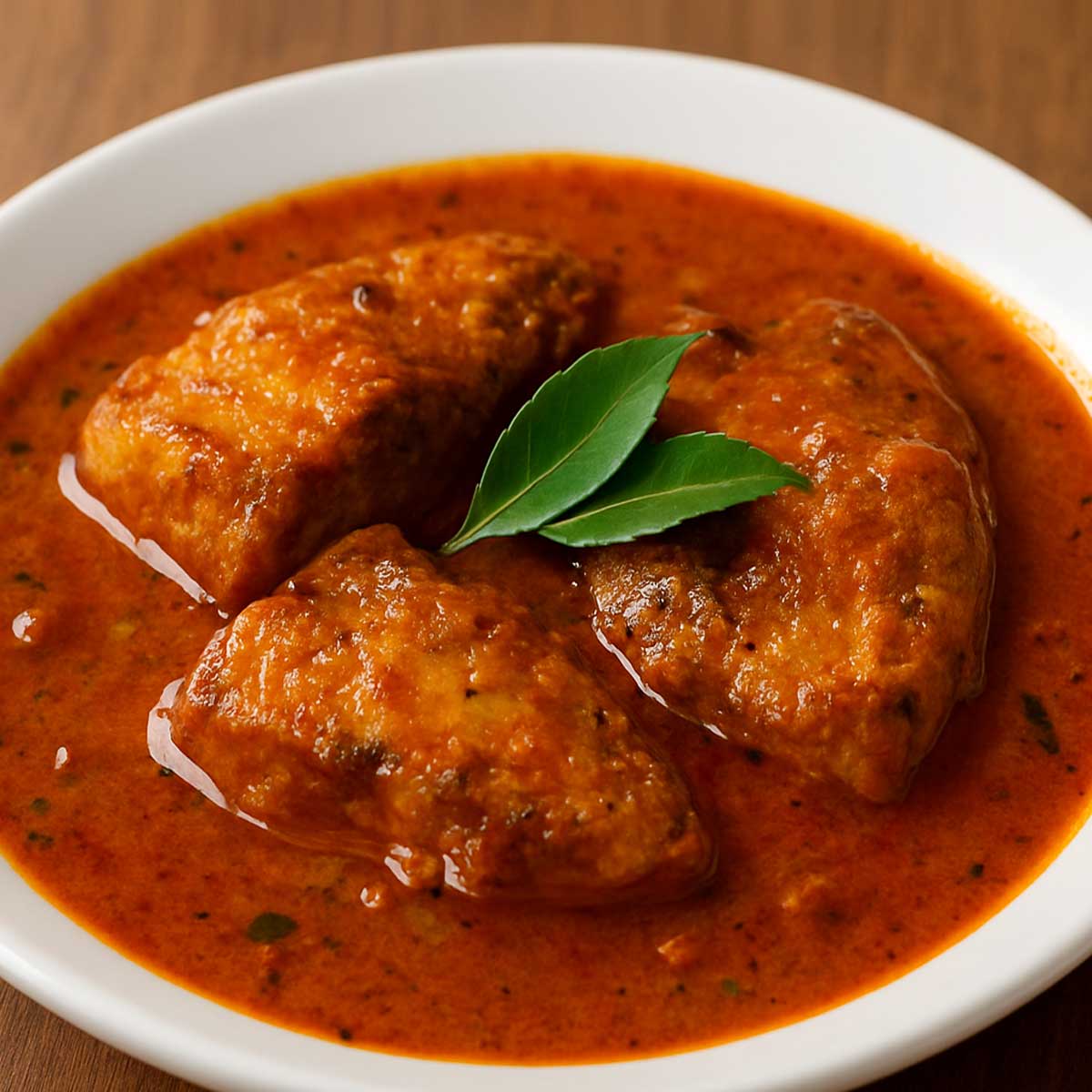 Close-up of Goan fish curry in a shallow plate with rich coconut and tamarind gravy, garnished with fresh herbs, ready to serve with Goan poi bread.
