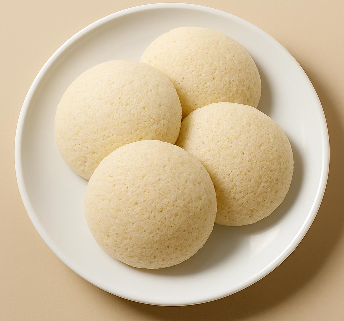 A stack of homemade idlis on a white plate, perfectly round and light, ideal for breakfast.