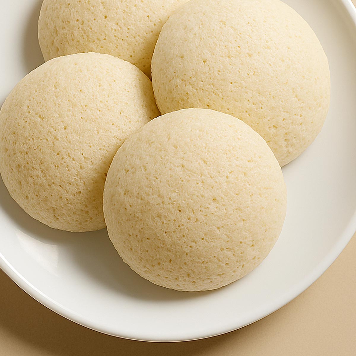 Steamed round rice cakes (idlis) placed on a clean white plate, showcasing their smooth texture.