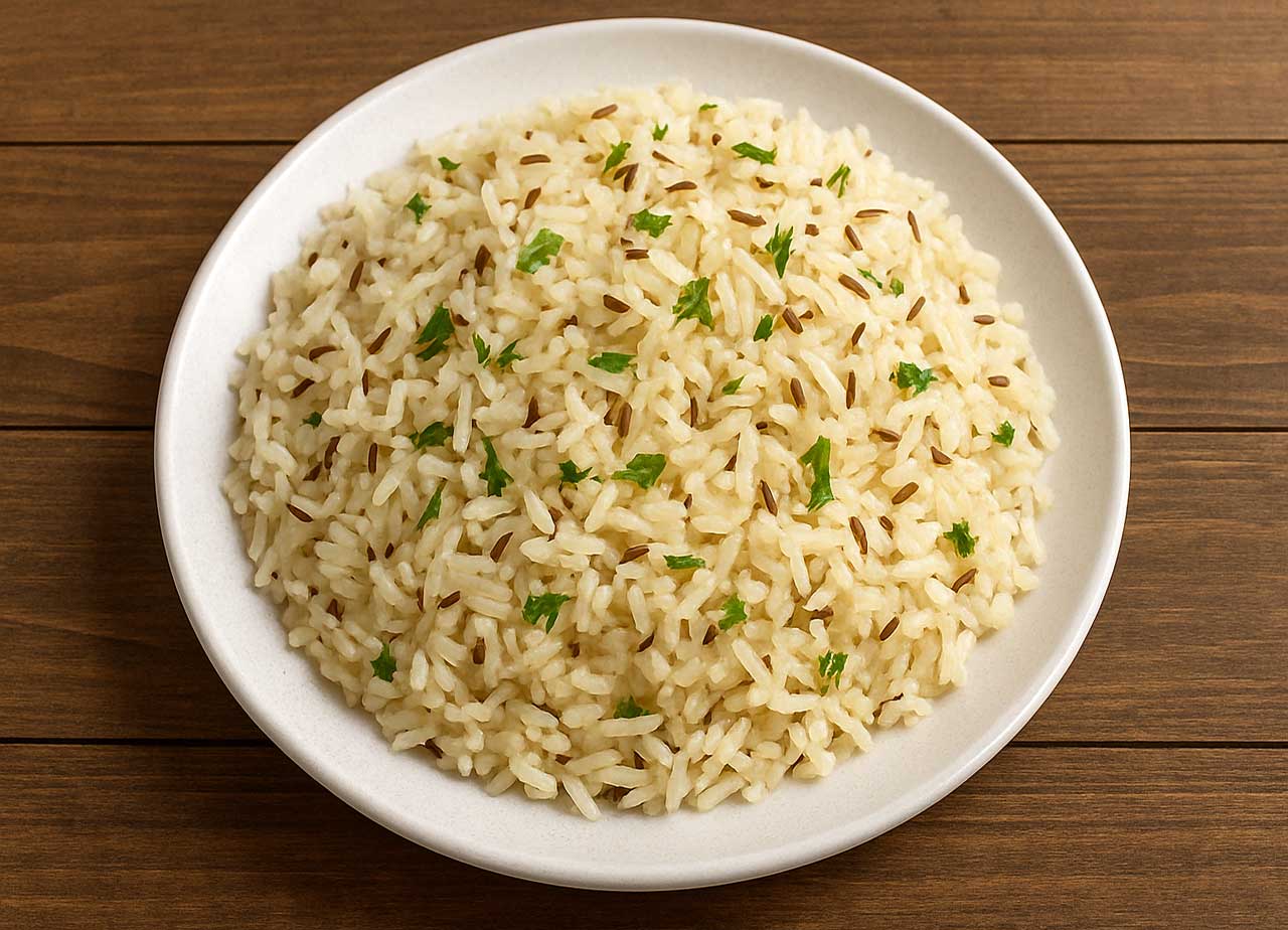 Traditional Indian cumin rice (Jeera Rice) prepared with ghee and basmati rice, served for a wholesome meal.