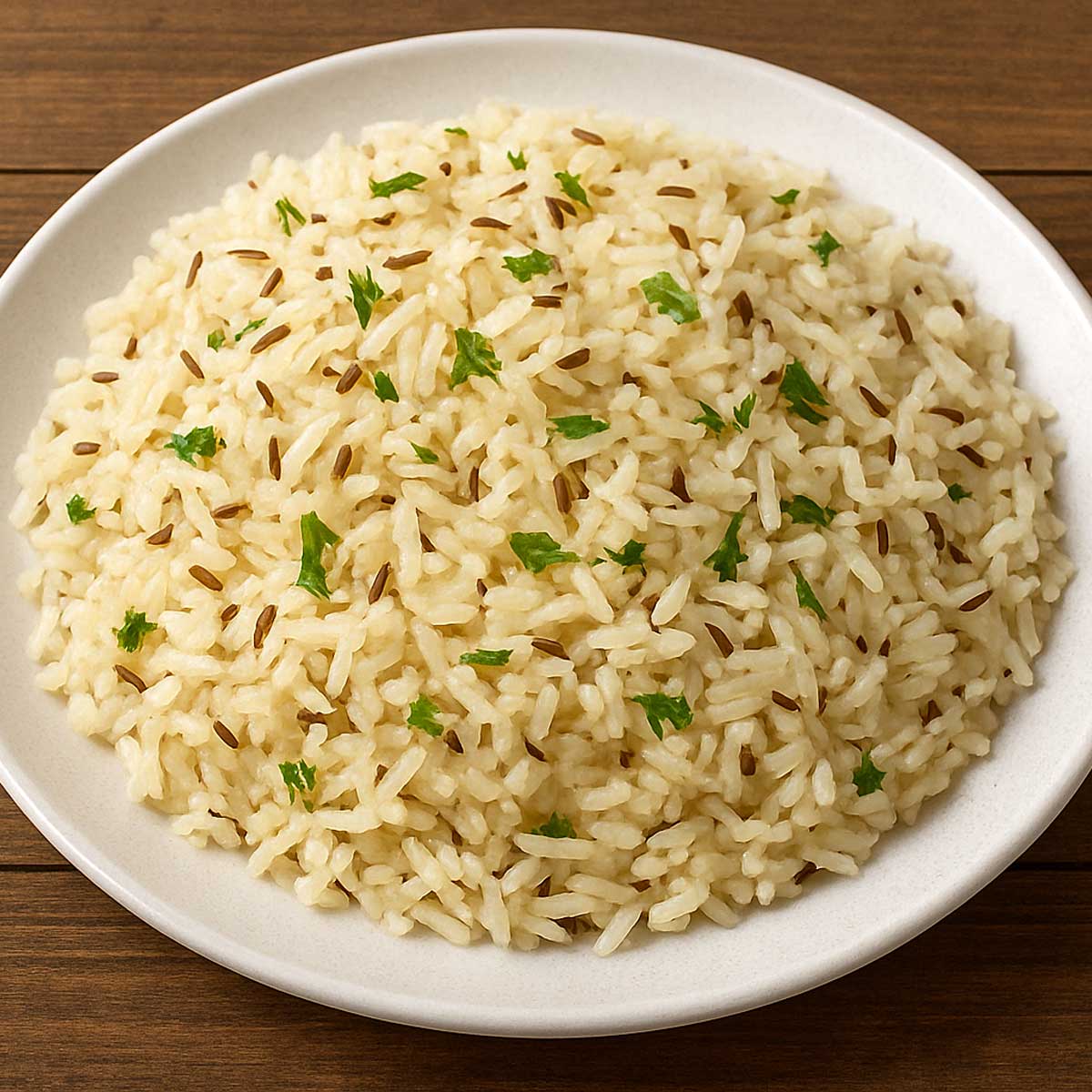 Jeera Rice made with long-grain basmati rice and tempered with cumin seeds, served on a white plate for a classic Indian side dish.