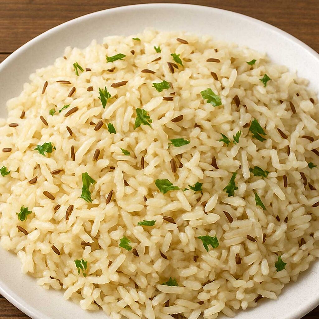 Restaurant-style Jeera Rice cooked with basmati rice and whole spices, served in a plate for pairing with butter chicken or paneer curry.