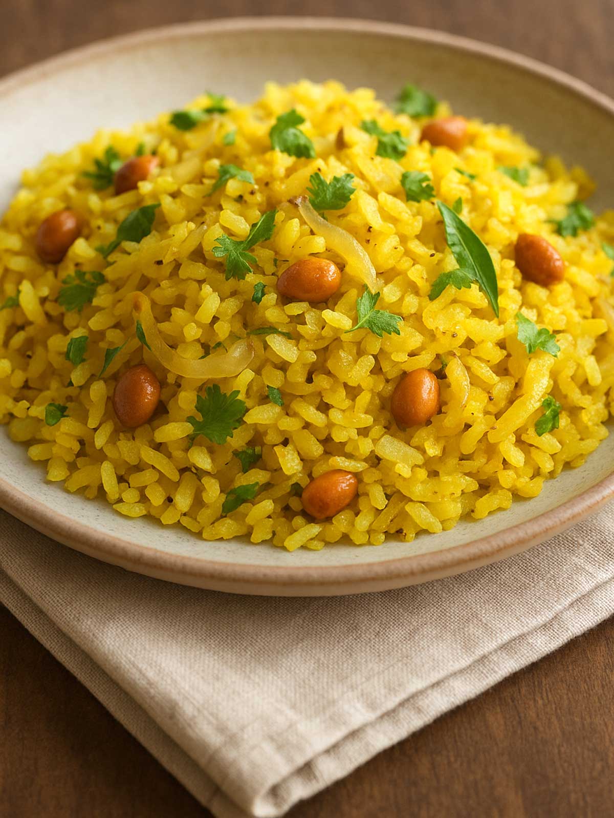 Kanda Poha garnished with chopped coriander and crispy sev, served in a modern glass bowl as a quick Indian breakfast or evening snack idea.
