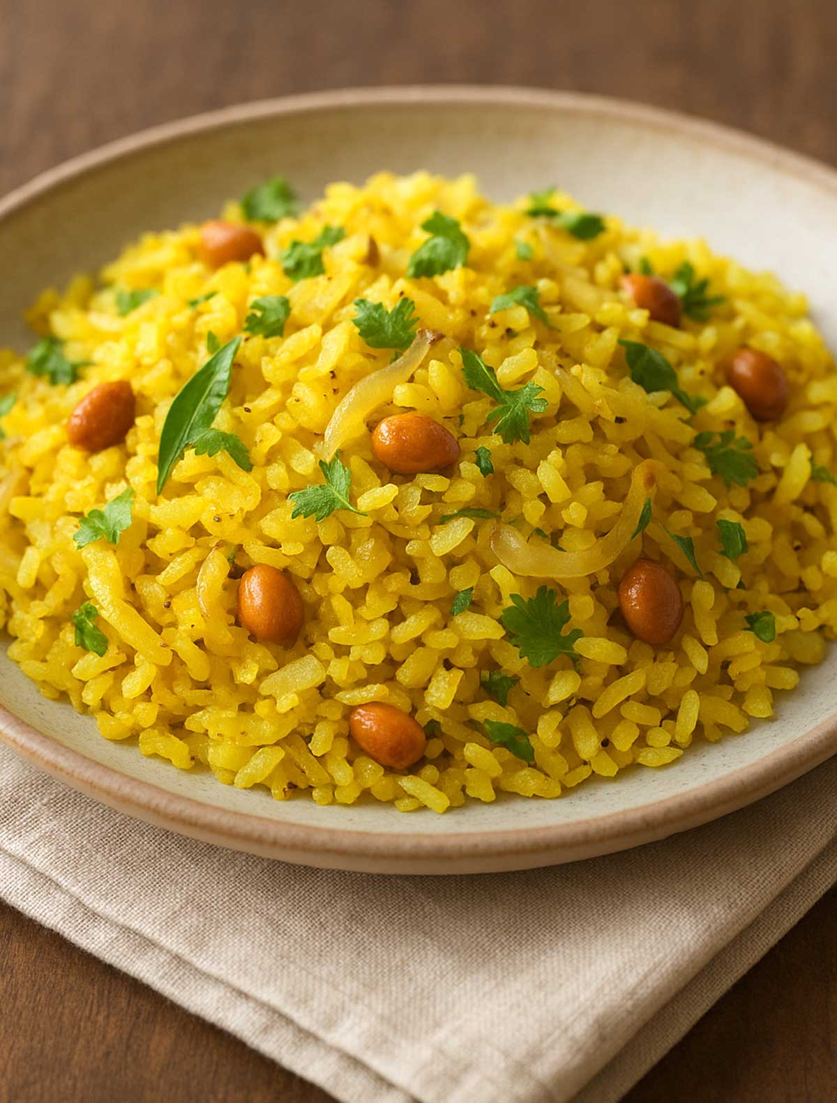 Kanda Poha served on a white ceramic plate, garnished with fresh coriander leaves, roasted peanuts, and lemon wedges, showcasing the traditional Maharashtrian breakfast dish.