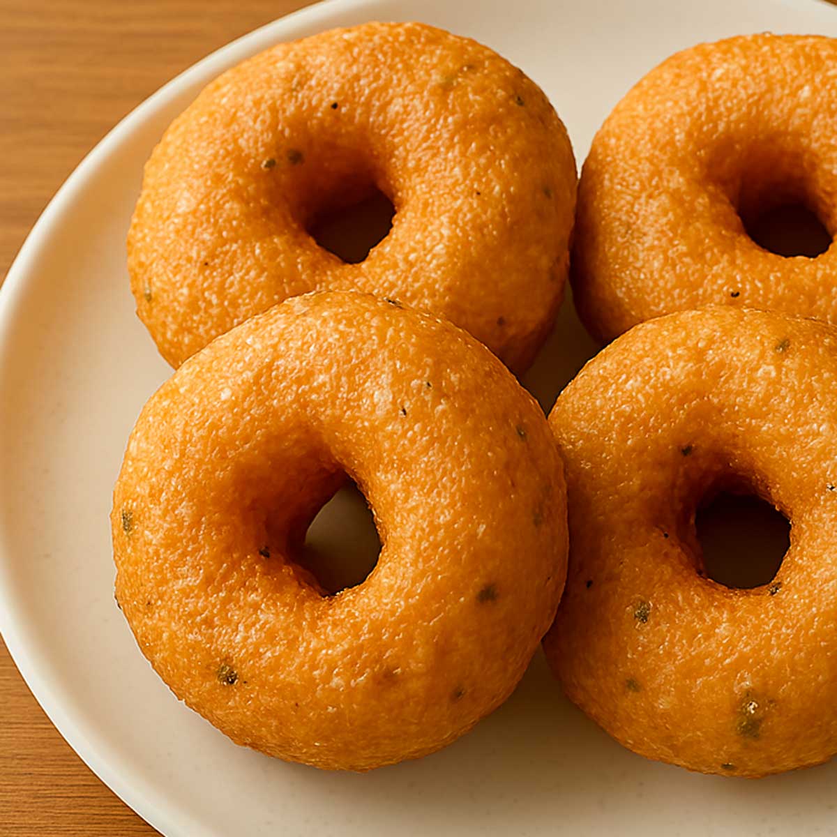 South Indian Medu Vadas on a white plate, golden brown and fluffy, served with spicy sambar and creamy coconut chutney, popular tiffin dish.