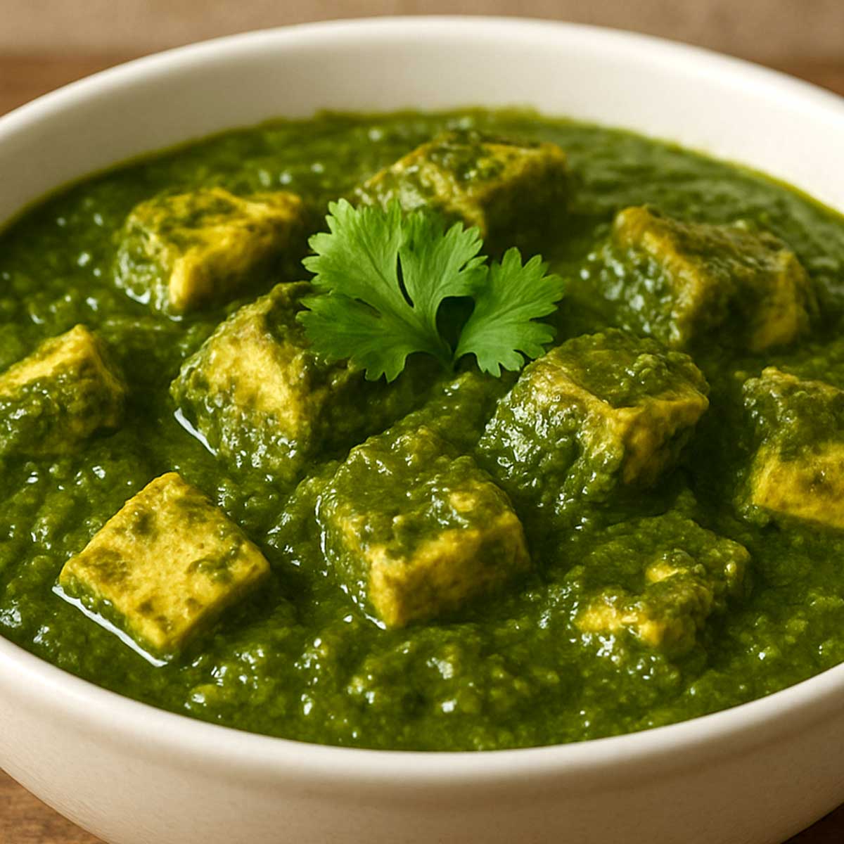Palak Paneer curry, cottage cheese pieces simmered in rich spinach puree,