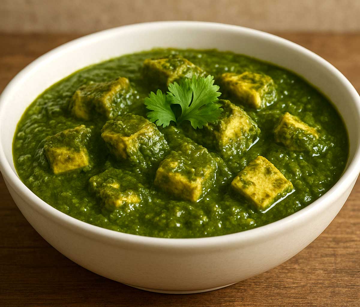 Palak Paneer served in a restaurant-style serving bowl soft paneer cubes cooked in creamy spinach gravy with Indian spices, garnished with coriander leaves.