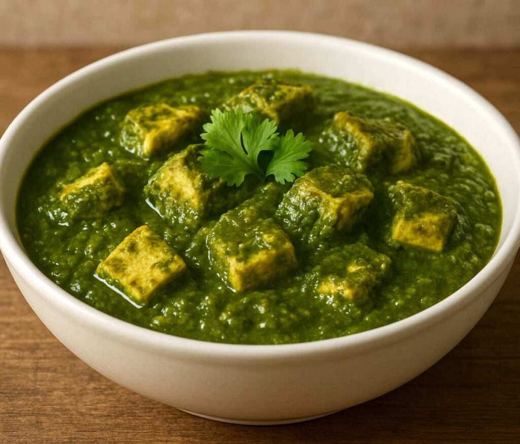 Authentic Palak Paneer served in a white bowl, soft paneer cubes cooked in creamy spinach gravy with Indian spices, garnished with fresh cream and coriander leave.