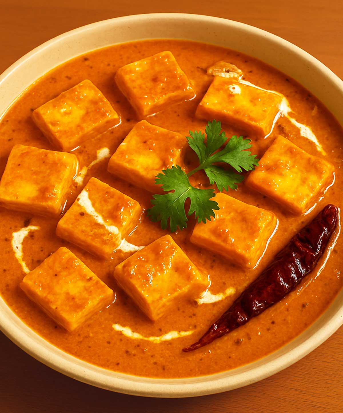 Paneer butter masala in white ceramic bowl garnished with coriander and red chili.