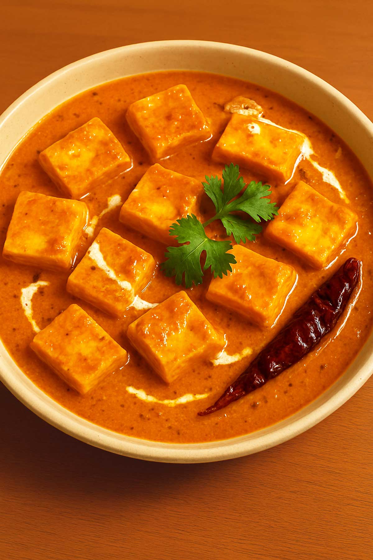 Authentic Indian Paneer Butter Masala curry served with rich creamy tomato gravy and soft paneer cubes.