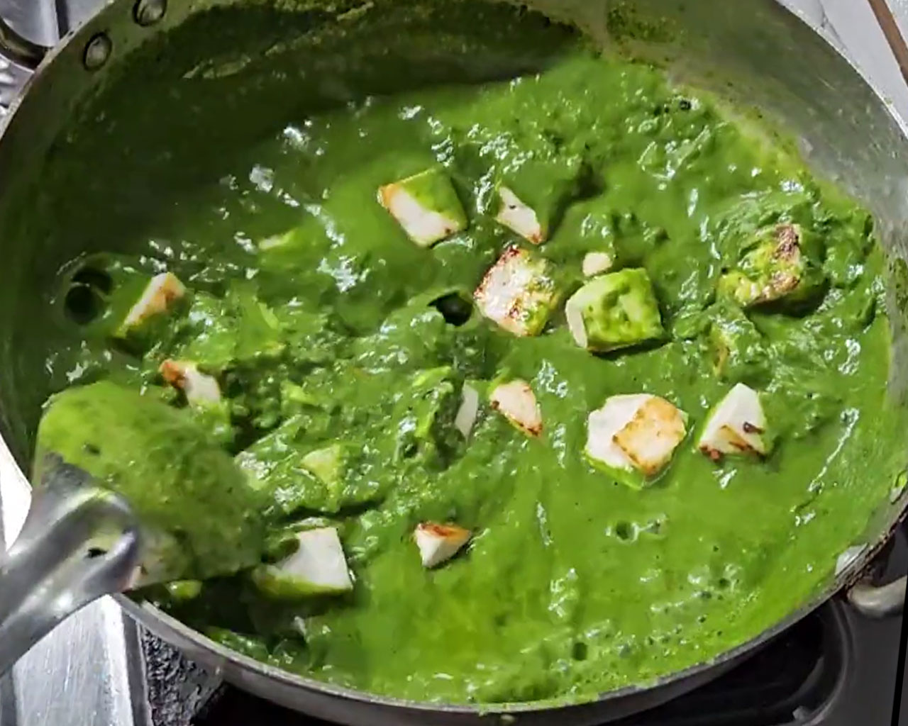 Cubes of fresh paneer added to the spinach gravy for making Palak Paneer