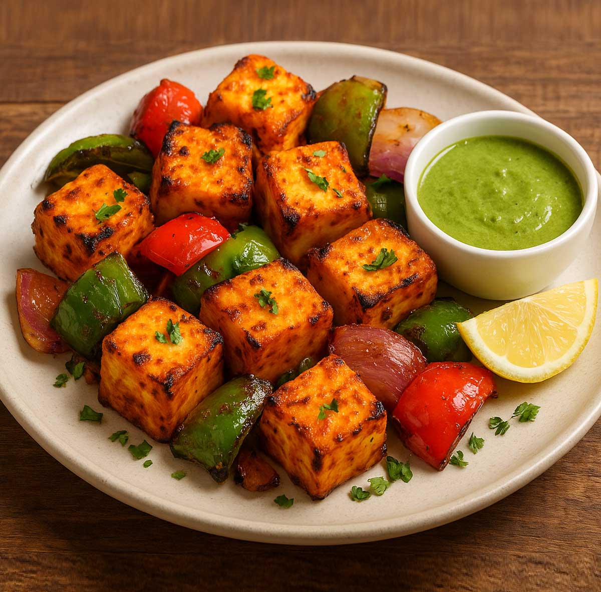 Grilled paneer tikka cubes with bell peppers and onions served alongside spicy green chutney.