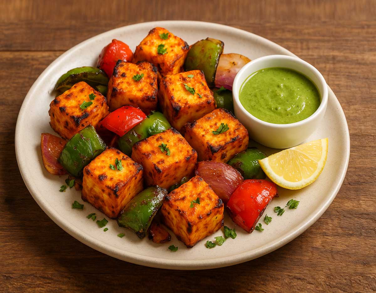 Oven-baked paneer tikka skewers served with fresh green chutney and lemon wedges on a white plate.
