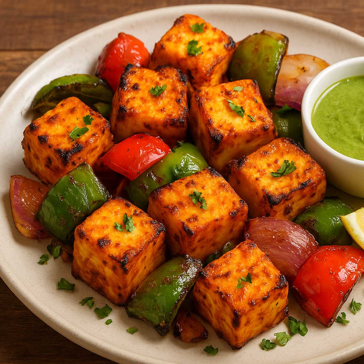Indian paneer tikka appetizer garnished with coriander and paired with mint chutney dip.