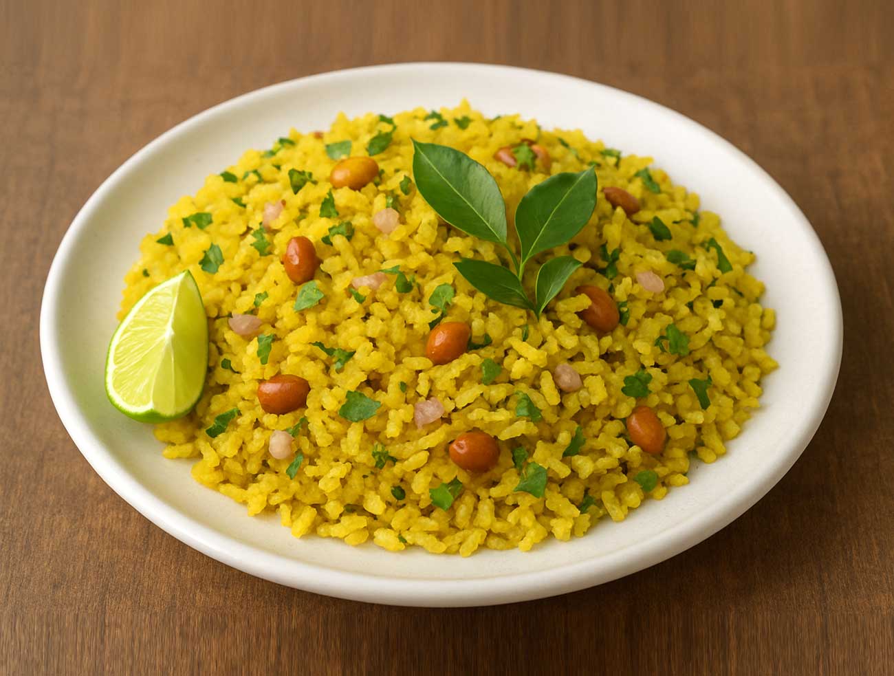 Delicious homemade poha breakfast on a plate, light and healthy flattened rice dish with peanuts, spices, and vegetables, a popular Indian vegetarian recipe.