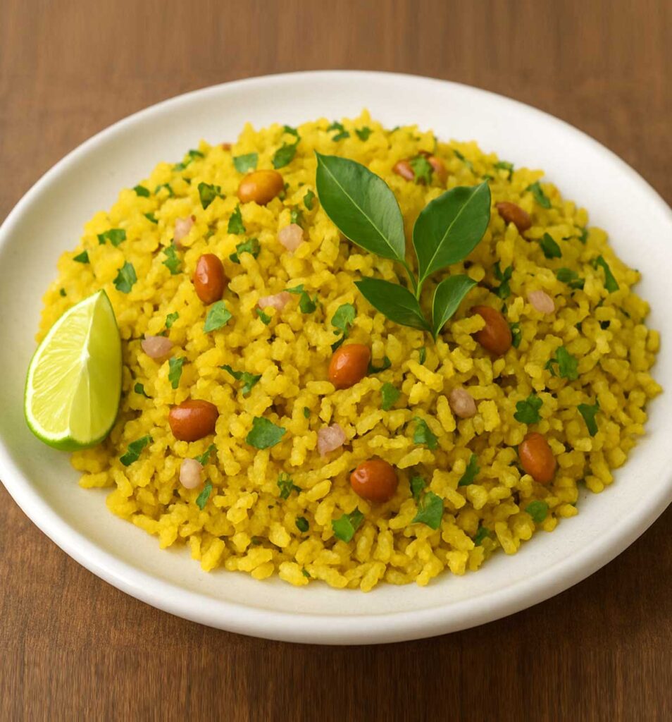 Poha served in a bowl, flattened rice cooked with onions, green chilies, curry leaves, turmeric, and garnished with fresh coriander and lemon juice.