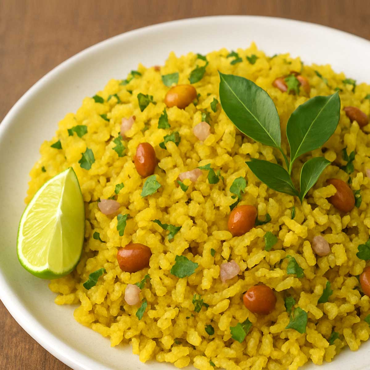 Close-up of authentic Maharashtrian-style poha  yellow turmeric-coated flattened rice on a plate, tempered with mustard seeds, onions, curry leaves, and peanuts for breakfast.