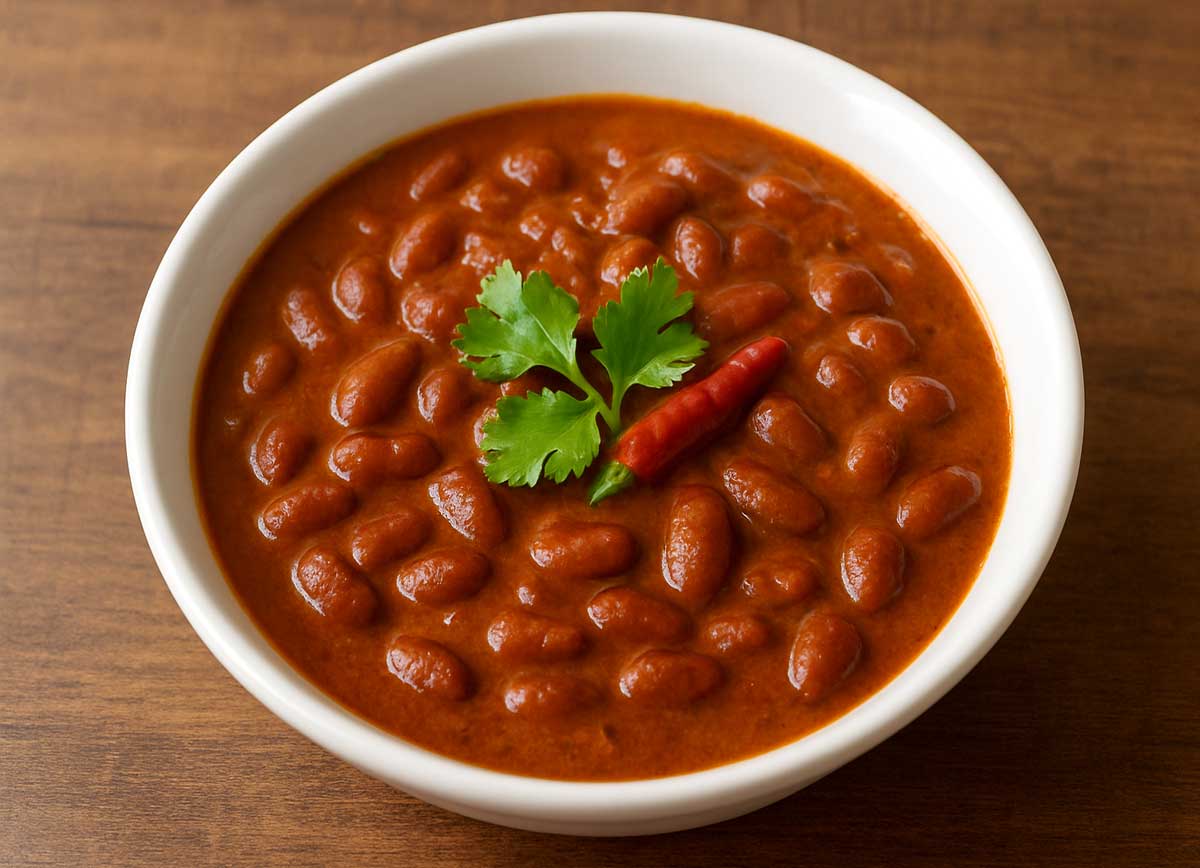 Rich and creamy rajma masala in a bowl, red kidney beans in authentic North Indian tomato-onion gravy, simple Indian curry recipe to eat with rice.